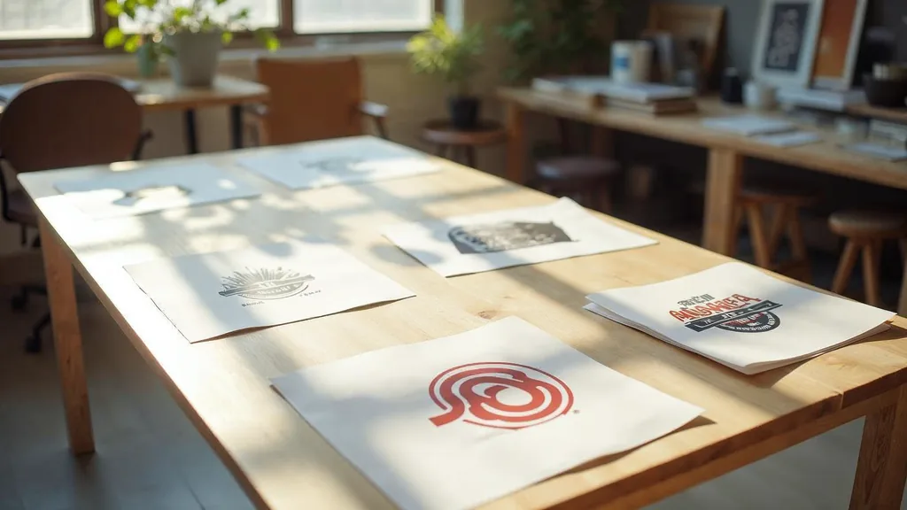 Editorial photograph of printed brand boards and signage proofs on a pale wood table in a Southern California design studio
