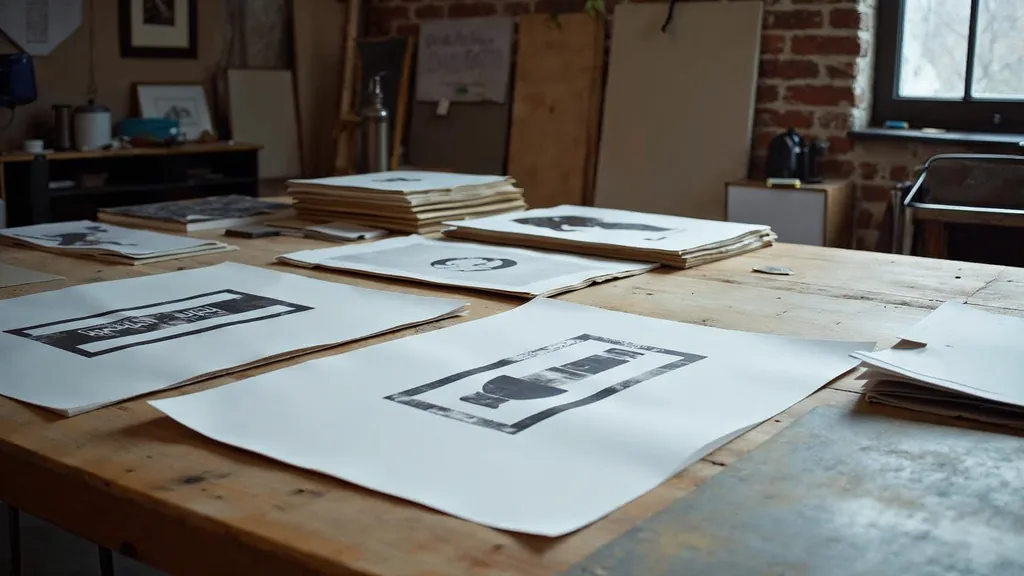 Editorial photograph of printed identity boards and press proofs on a worn oak table in an upstate New York design studio