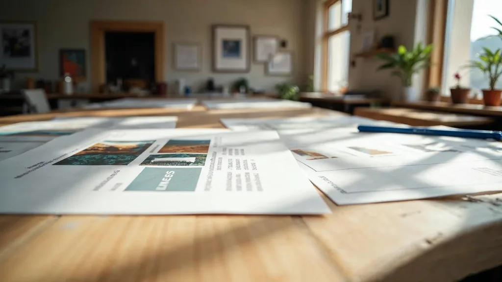 Editorial photograph of printed brand boards and colour proofs on a light oak table in a Northern California design studio