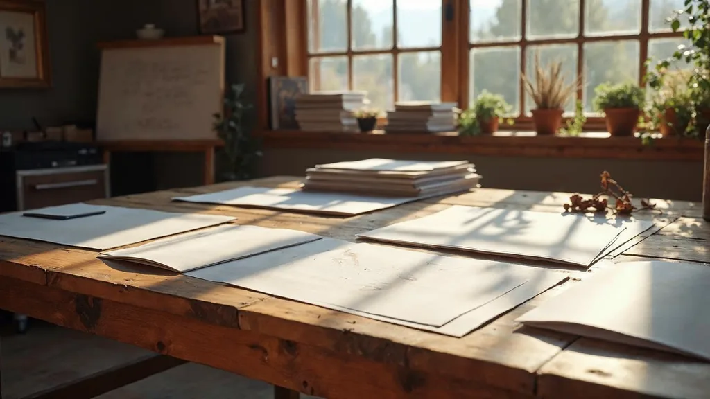 Editorial photograph of printed packaging proofs and brand boards on a reclaimed wood table in a Mountain West design studio