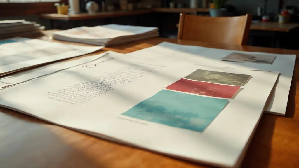 Editorial photograph of printed brand boards and menu proofs on a warm oak table in a South Texas design studio