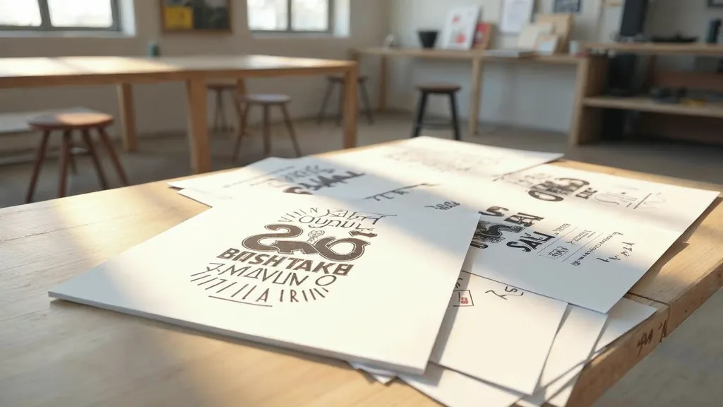 Editorial photograph of printed label proofs and brand boards on a pale wood table in a coastal Southern California design studio