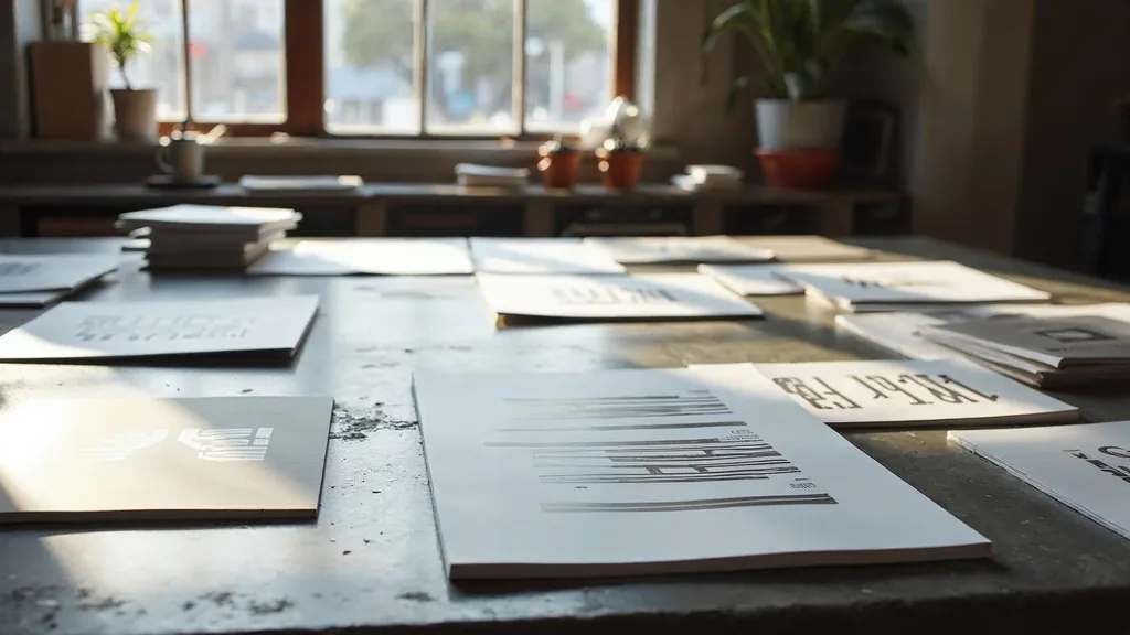 Editorial photograph of printed identity boards and packaging proofs on a concrete table in a Mission district design studio