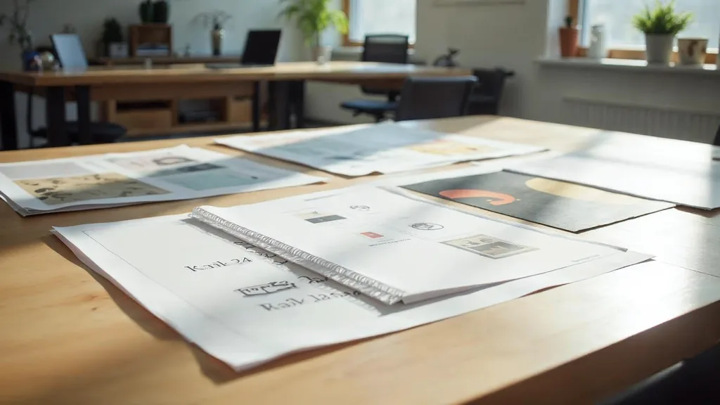 Editorial photograph of printed brand boards and print proofs on a light maple table in a Silicon Valley design studio