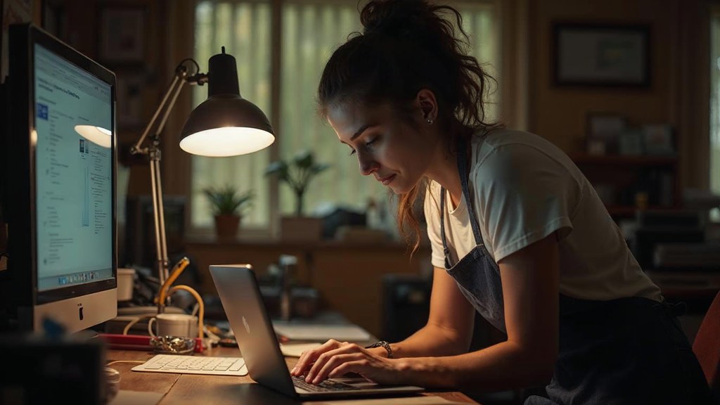 A small-business owner in an apron leaning over a laptop on a cluttered back-office desk late in the day, photographed in Tacoma