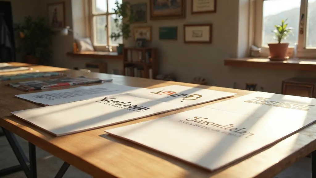 Editorial photograph of printed brand boards and sign proofs on a light oak table in a Southern California valley design studio