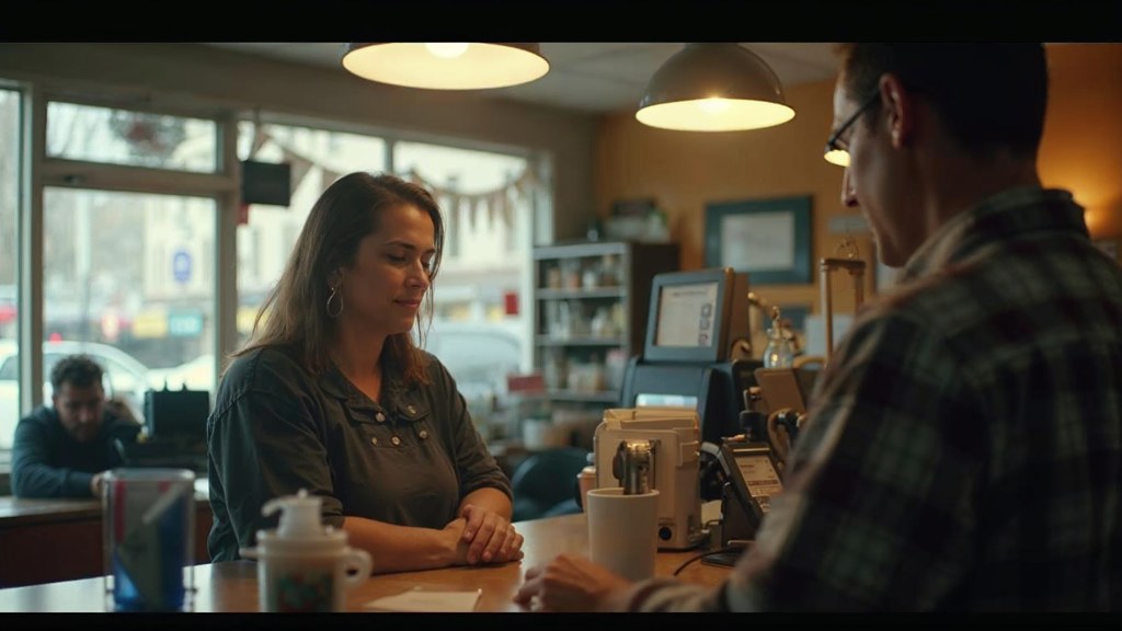 A shop manager standing behind the counter checking a phone while a customer waits at the till, photographed in Tacoma