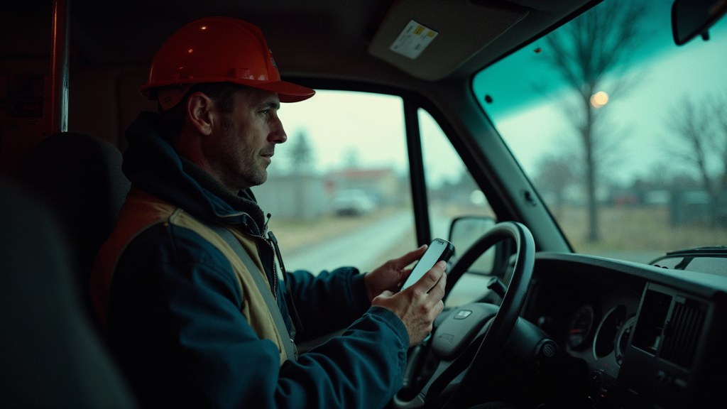 A contractor sitting in the cab of a work van reviewing a phone before driving off, photographed in Tacoma