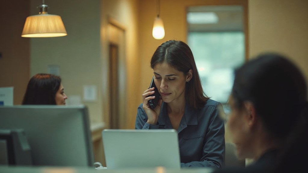 A clinic receptionist taking a phone call at a busy front desk with patients waiting, photographed in Tacoma