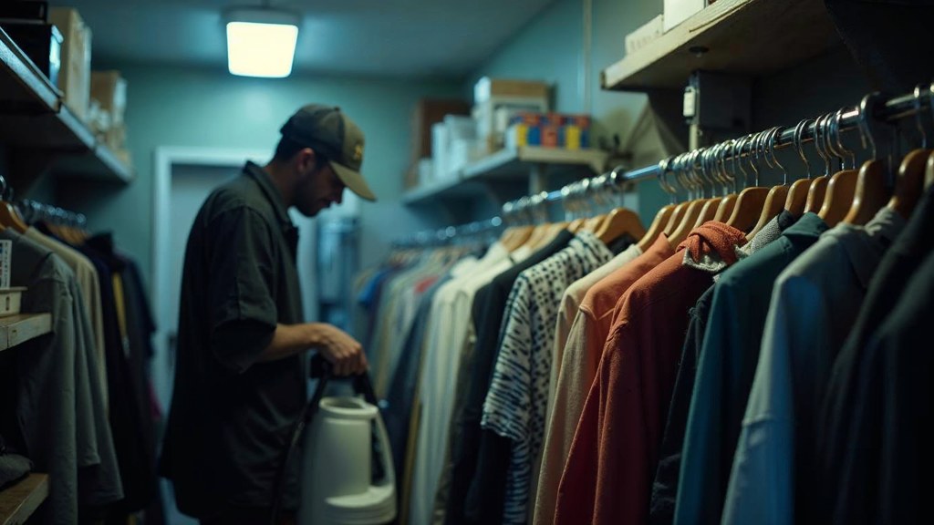 A boutique owner steaming garments in a narrow shop stockroom at opening time, photographed in Tacoma