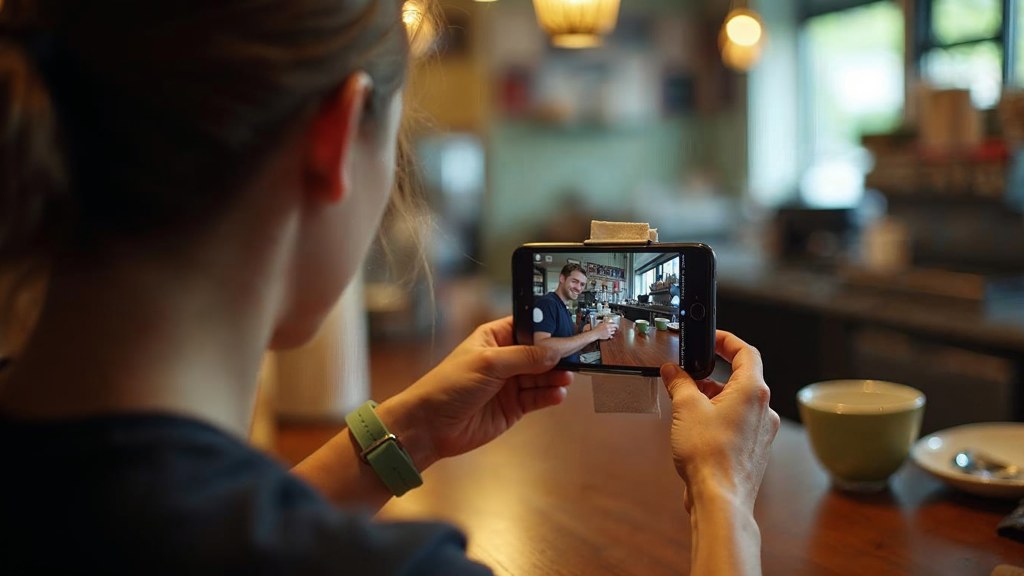 A young cafe worker filming a drink being poured on a phone propped against a napkin holder, photographed in Tacoma