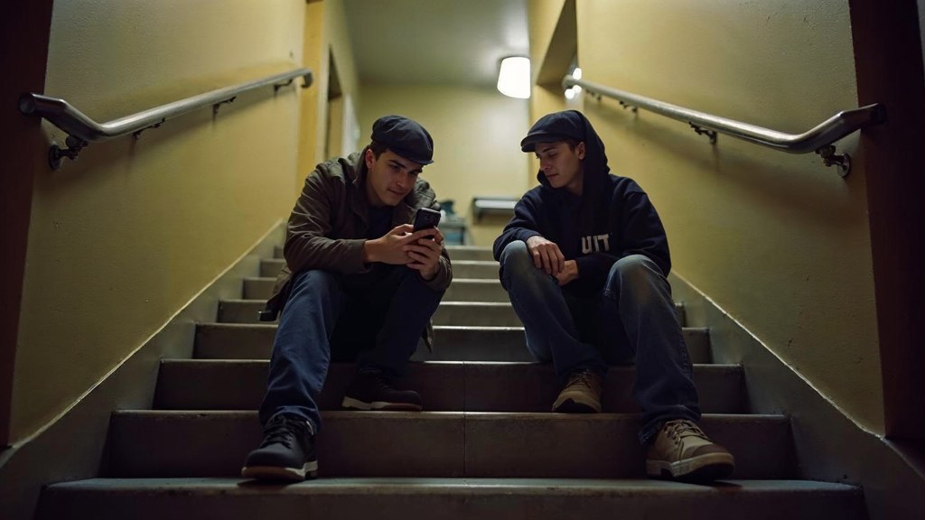Two teenagers on skateboards looking at a phone on a set of concrete steps, photographed in Tacoma
