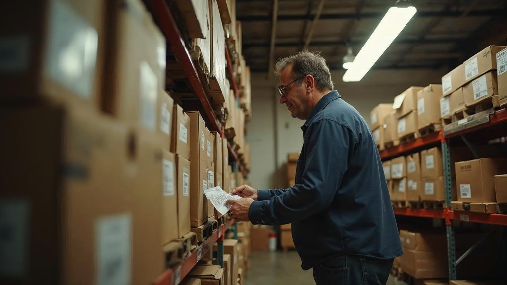 A seller checking barcodes on stacked cartons in a garage stockroom, photographed in Tacoma