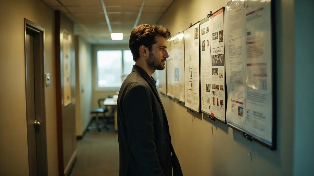 A media planner standing at a wall of printed layouts in a narrow agency corridor, photographed in Tacoma
