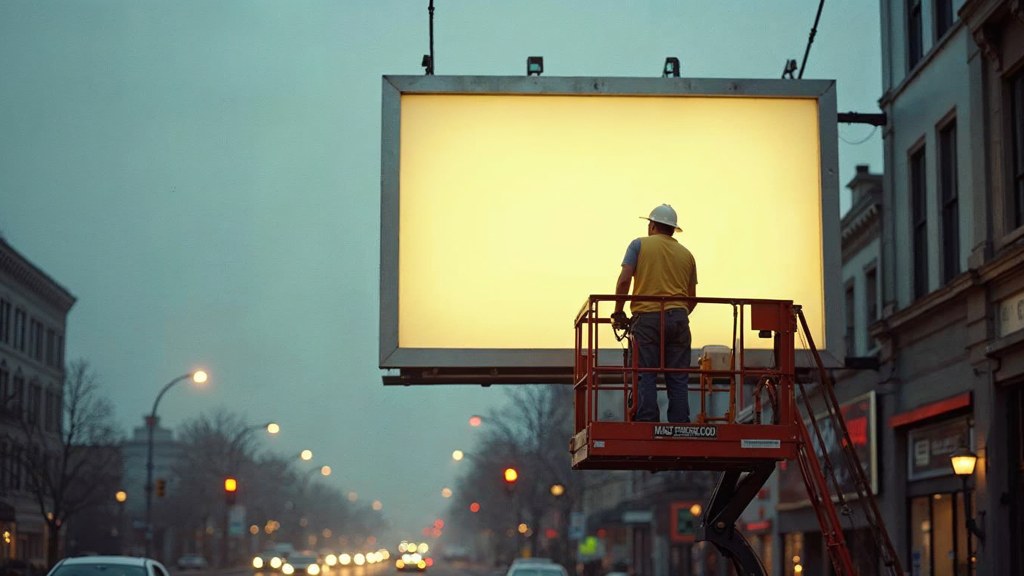 A crew member on a lift installing a blank billboard panel above a busy street, photographed in Tacoma