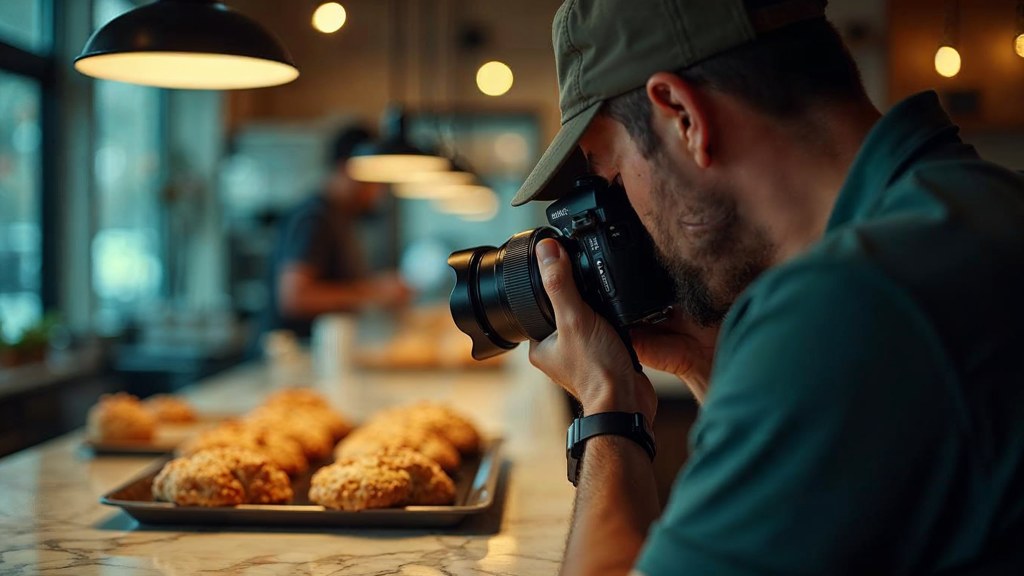 A bakery owner photographing a tray of pastries on a marble counter at dawn, photographed in Tacoma