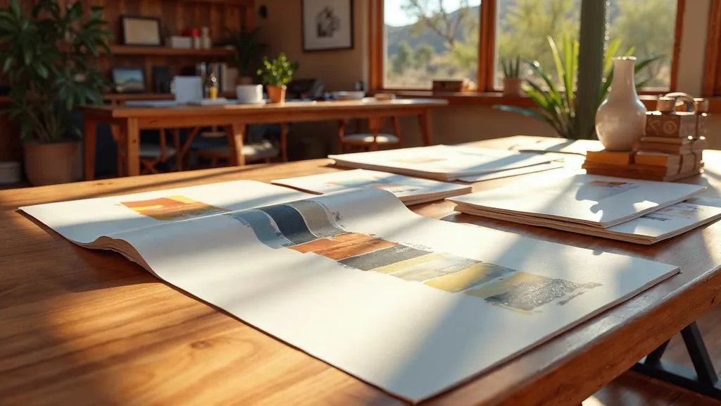 Editorial photograph of printed brand boards and packaging proofs on a warm walnut table in a Sonoran desert design studio
