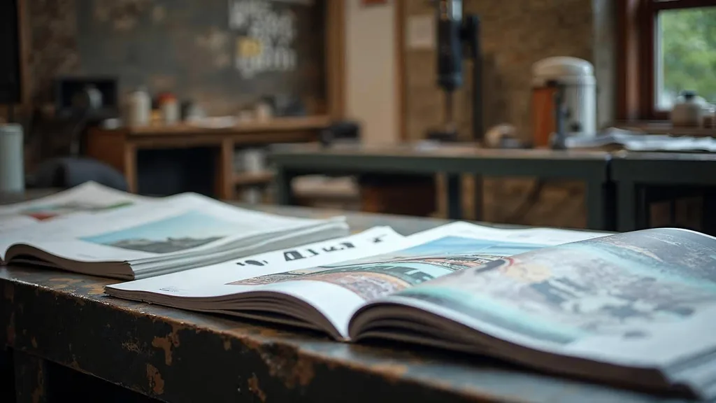 Editorial photograph of printed brand literature and colour proofs on a steel-framed workbench in a northern English design studio
