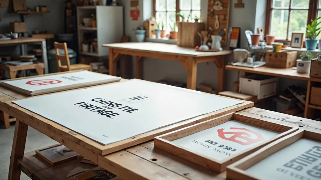Editorial photograph of printed brand boards and signage proofs on a pine table in an inland northwest design studio
