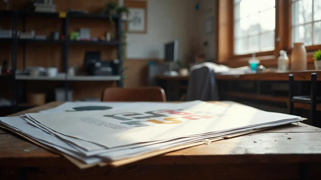 Editorial photograph of printed brand boards and press proofs on a dark oak table in a midwestern design studio