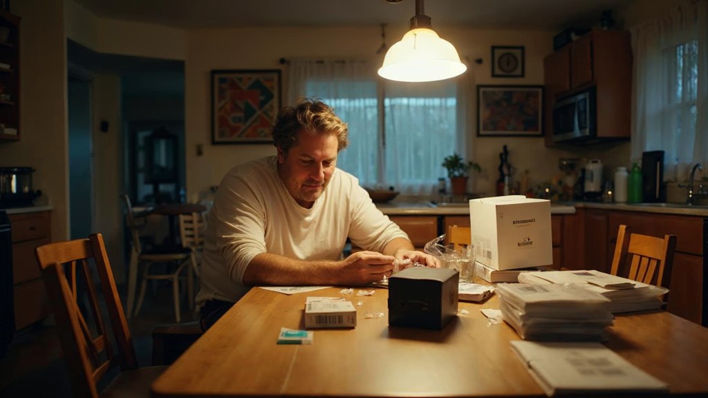 A customer filming an unboxing on a kitchen table strewn with packaging, photographed in Tacoma