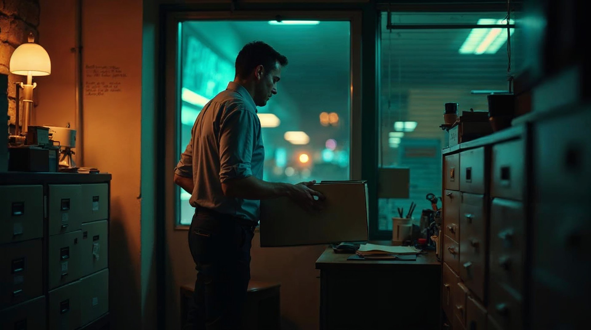 Tax accountant pulling a client folder from a filing cabinet in a small storefront practice at dusk