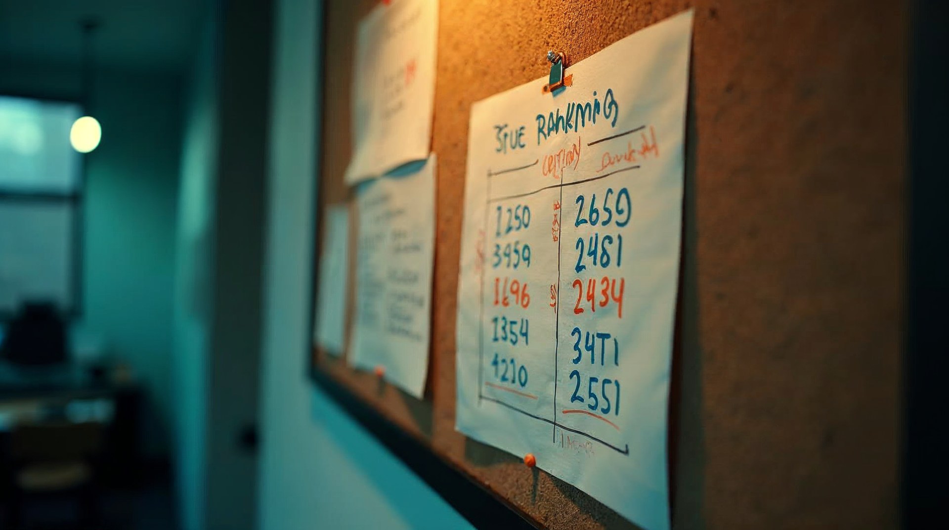 Printed page of ranking figures pinned to a corkboard and marked up in orange pen
