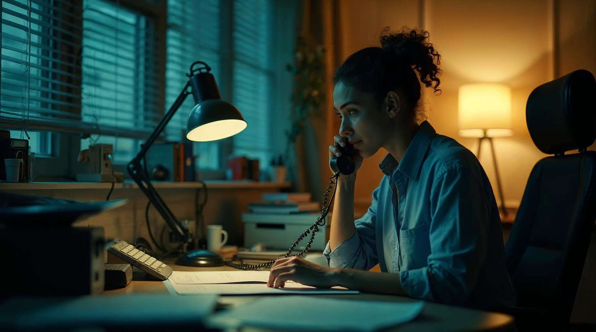 Bookkeeper answering a ringing desk phone mid-sentence in a small tax office with blinds cutting the light