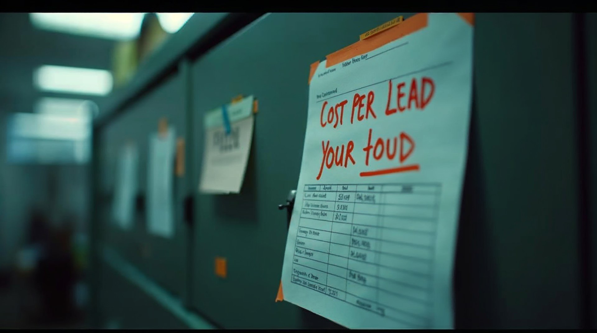 Printed cost-per-lead sheet taped to a filing cabinet and highlighted in orange