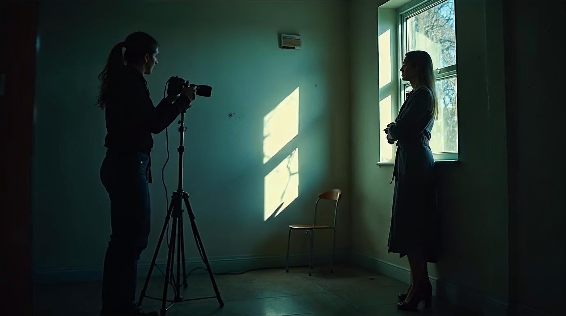 Photographer directing a CPA beside the window of her own practice with a light stand casting a hard shadow