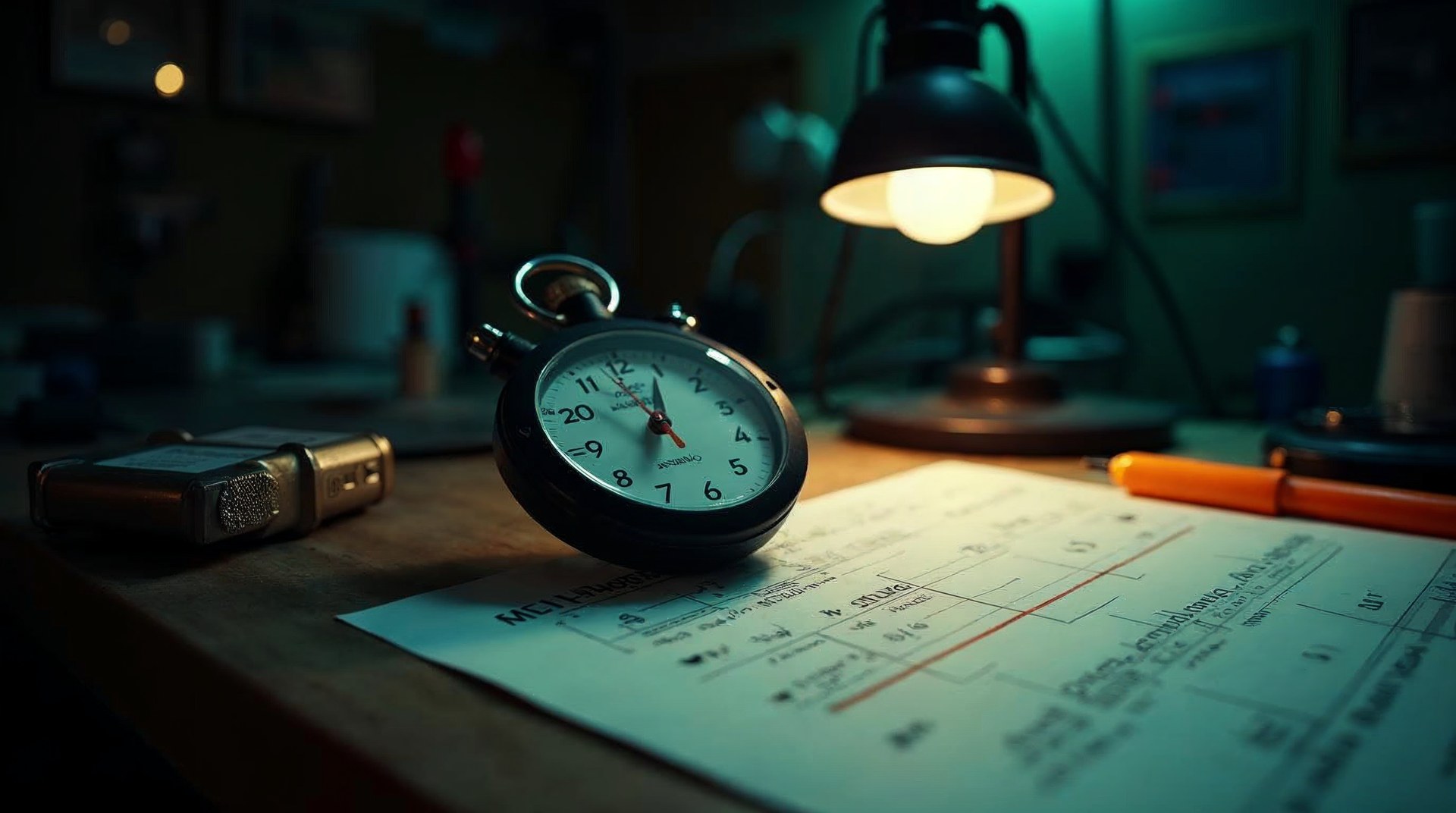 Stopwatch and a printed speed test sheet on a workshop bench under an anglepoise lamp