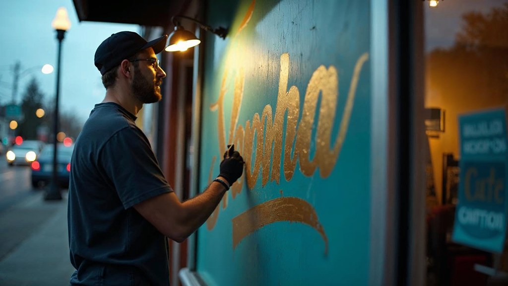A sign painter finishing gold lettering on a shopfront window from the street side, photographed in Tacoma