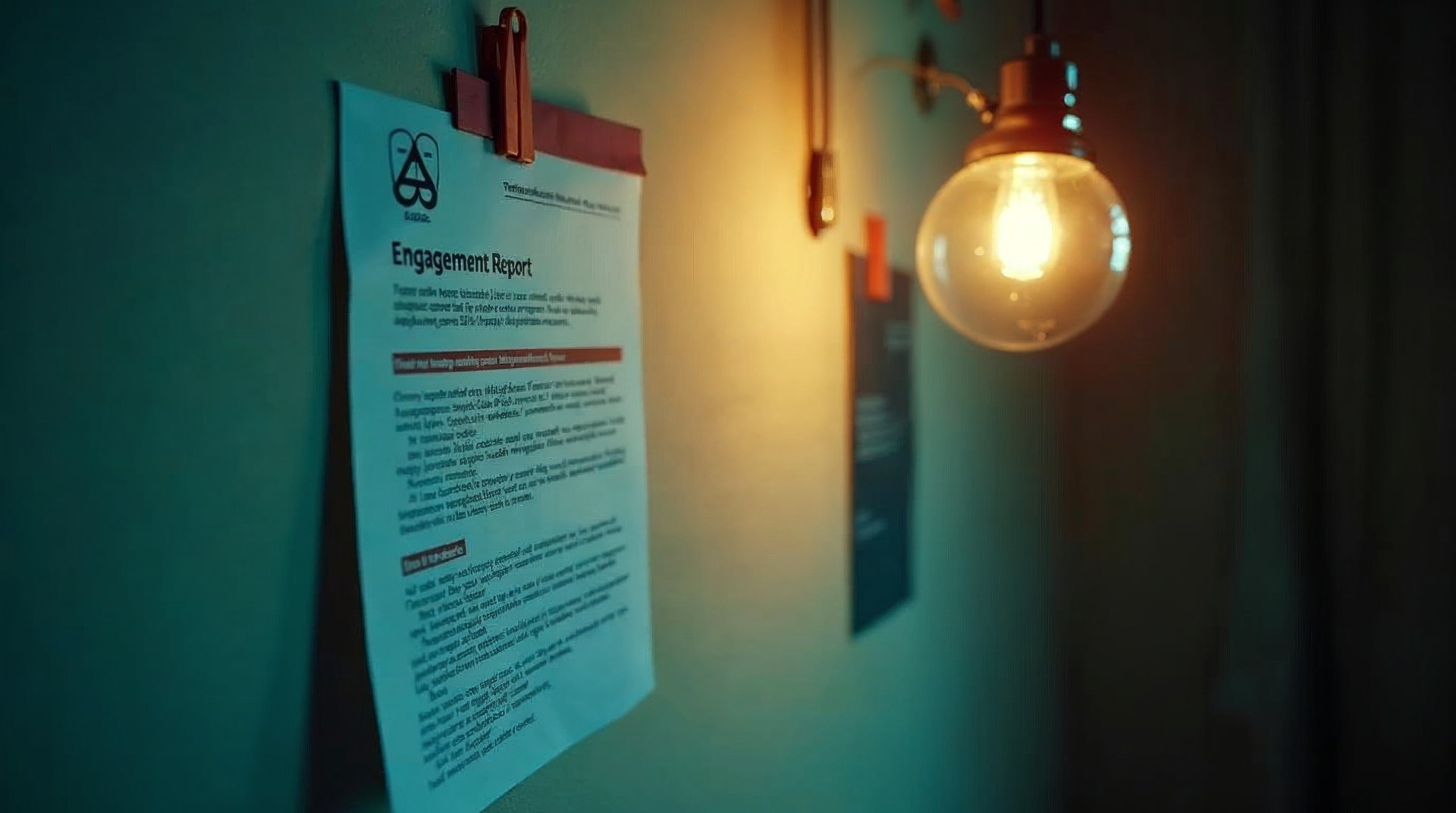 Printed engagement report clipped to a studio wall beside colour swatches under hard side light