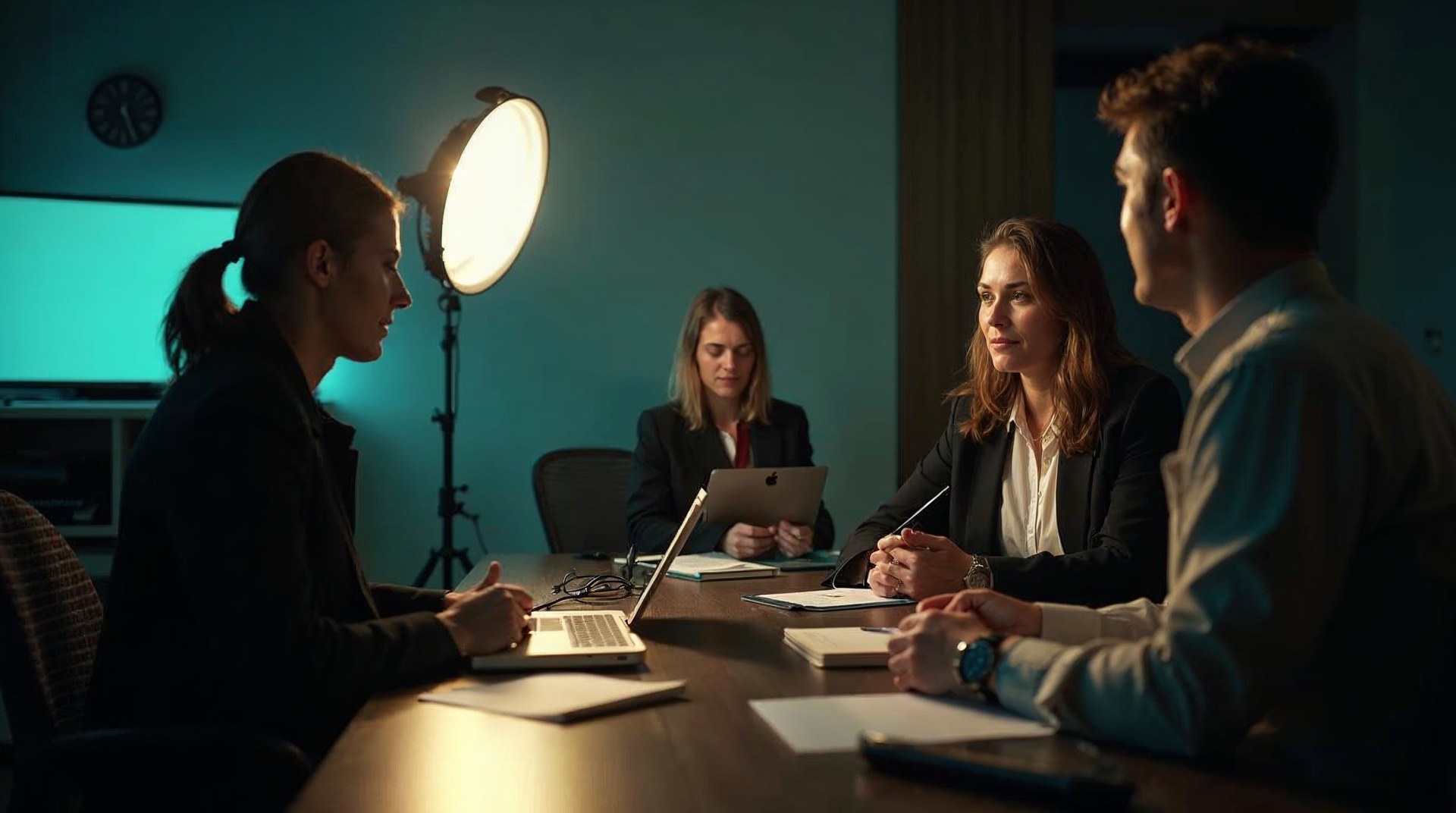 Film crew lighting a CPA at her own boardroom table for an interview with a flag clipped just out of frame