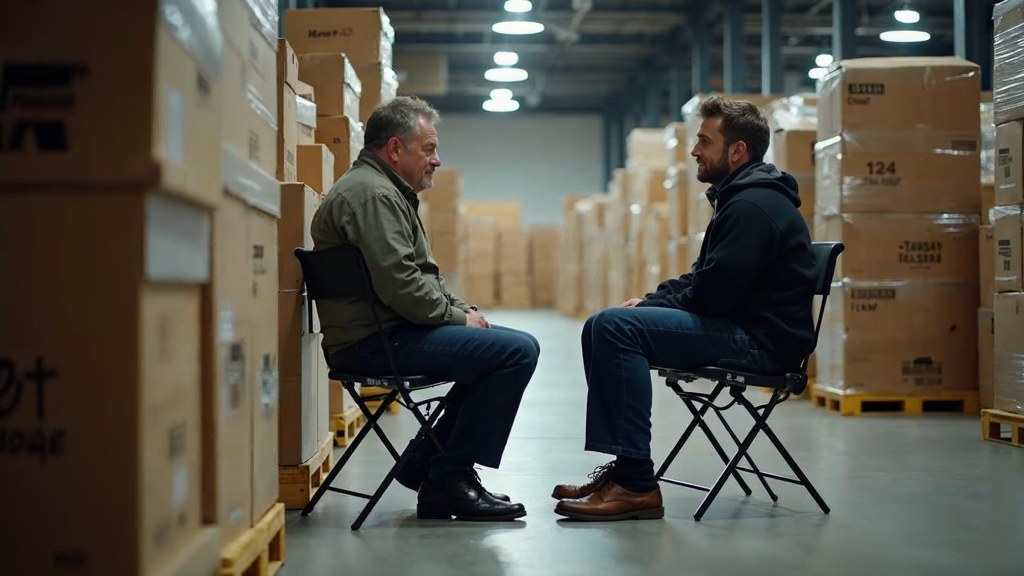 A warehouse supervisor interviewing a candidate on folding chairs beside stacked pallets, photographed in Tacoma