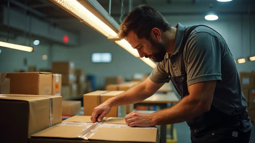A warehouse worker taping shipping boxes under strip lighting in a small fulfilment room, photographed in Tacoma