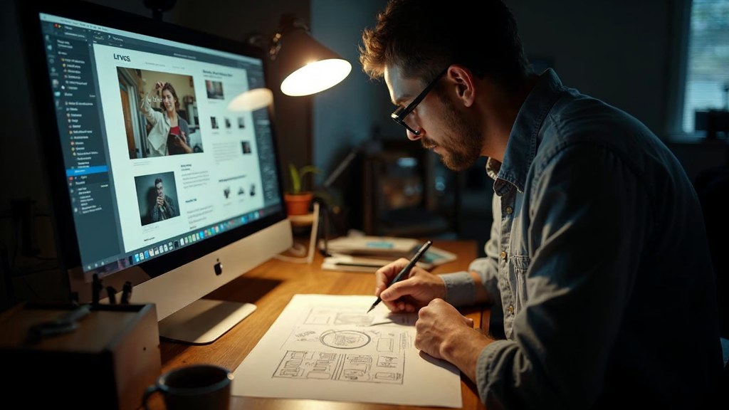 A studio designer sketching a page layout on paper beside a monitor in a dim room, photographed in Tacoma