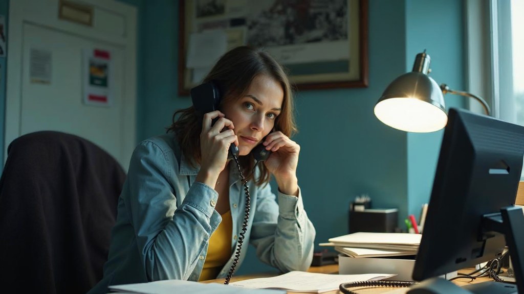 An office manager at a cluttered desk with a landline handset tucked under one ear, photographed in Tacoma