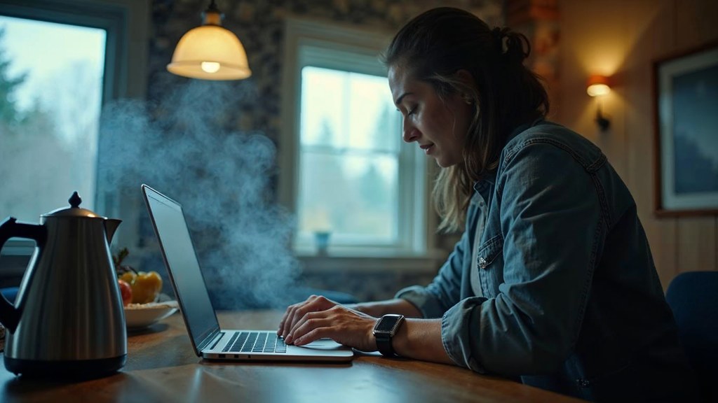 A service-business owner at a kitchen table typing a question into a laptop while a kettle steams behind, photographed in Tacoma