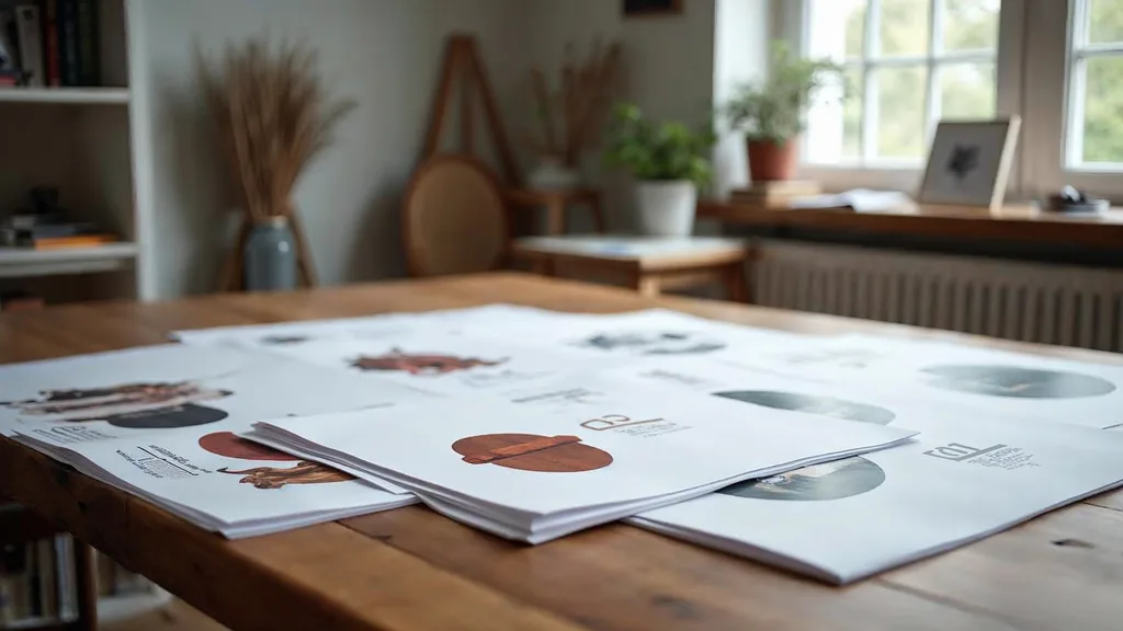 Editorial photograph of printed brand boards and colour proofs on a walnut table in a coastal New England design studio
