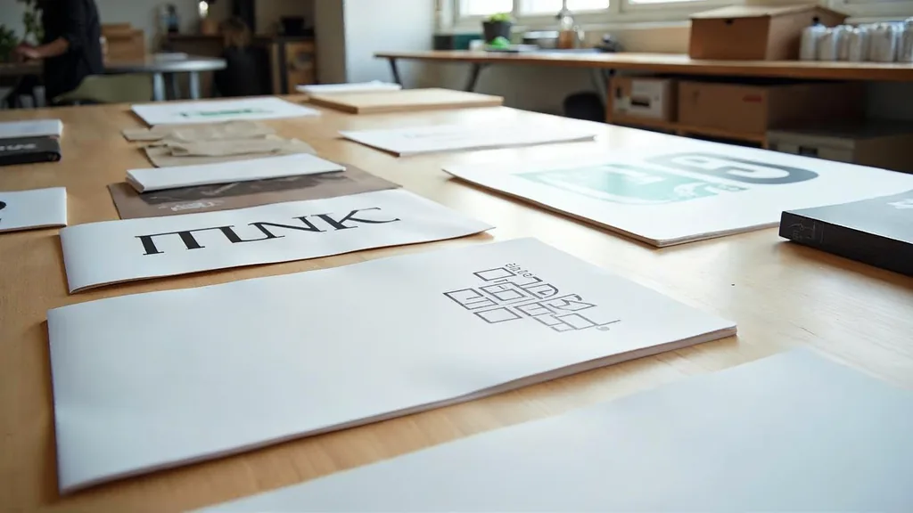 Editorial photograph of printed identity boards and packaging proofs on a pale timber table in an inner-city Australian design studio