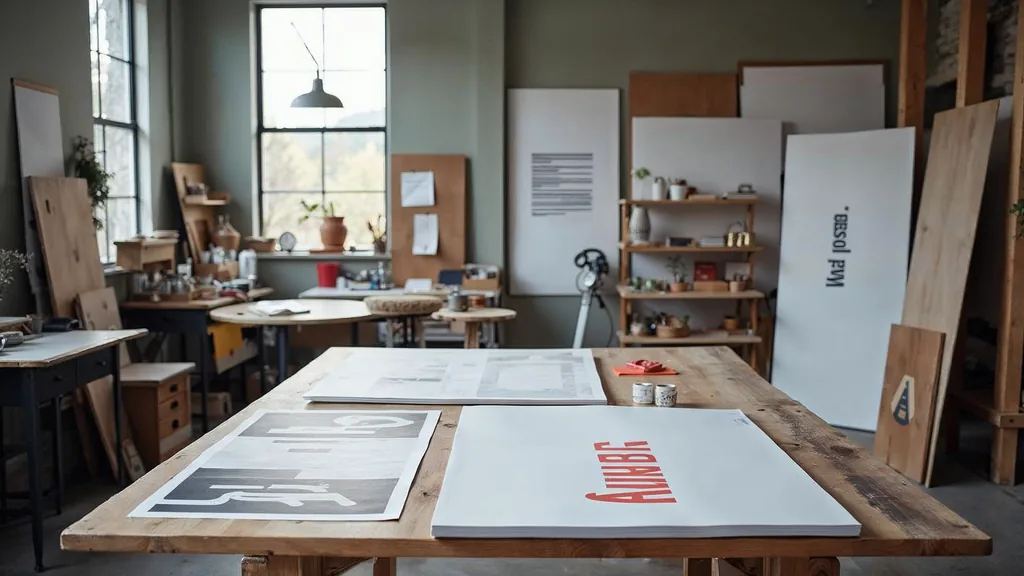 Editorial photograph of printed brand boards and signage proofs on a fir table in a Pacific Northwest design studio