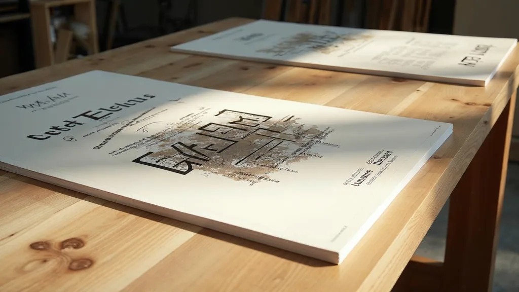 Editorial photograph of printed brand boards and menu proofs on a light oak table in a Florida gulf coast design studio