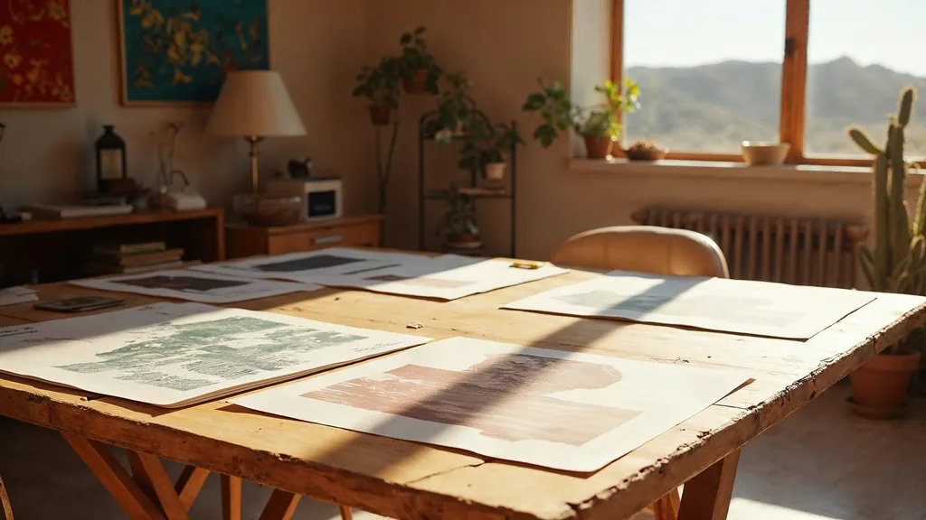 Editorial photograph of printed brand boards and colour proofs on a mesquite table in a Sonoran desert design studio