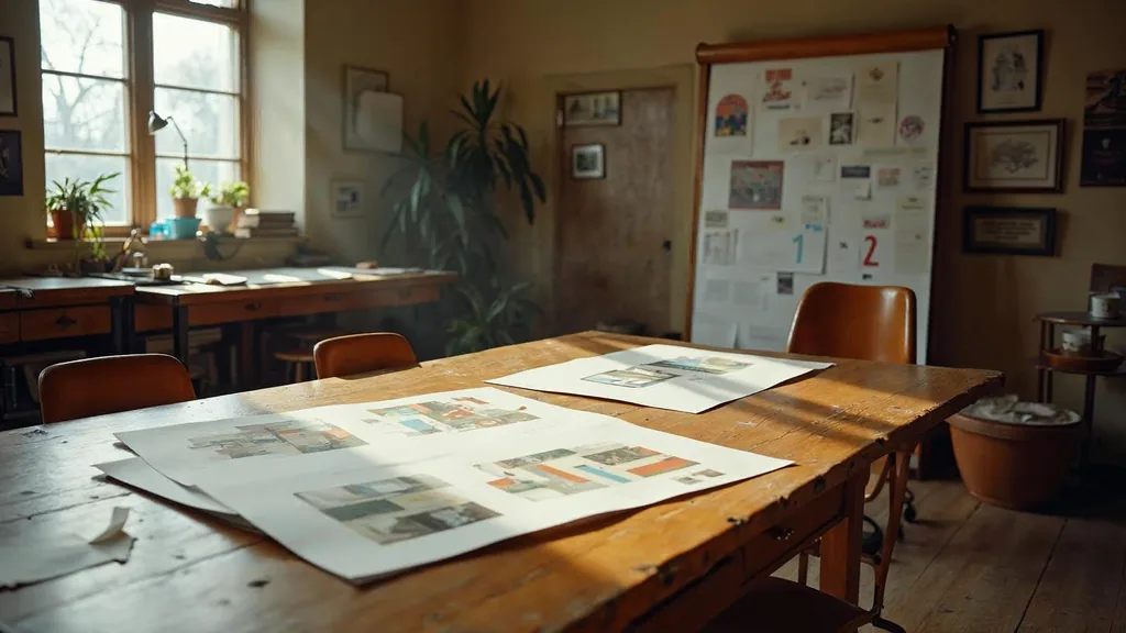 Editorial photograph of printed brand boards and press proofs on an oak table in an Art Deco midwestern design studio