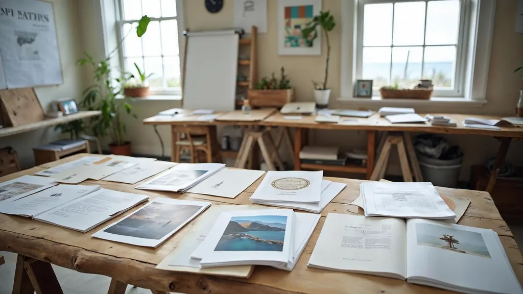 Editorial photograph of printed brand boards and packaging proofs on a driftwood table in a Virginia coastal design studio