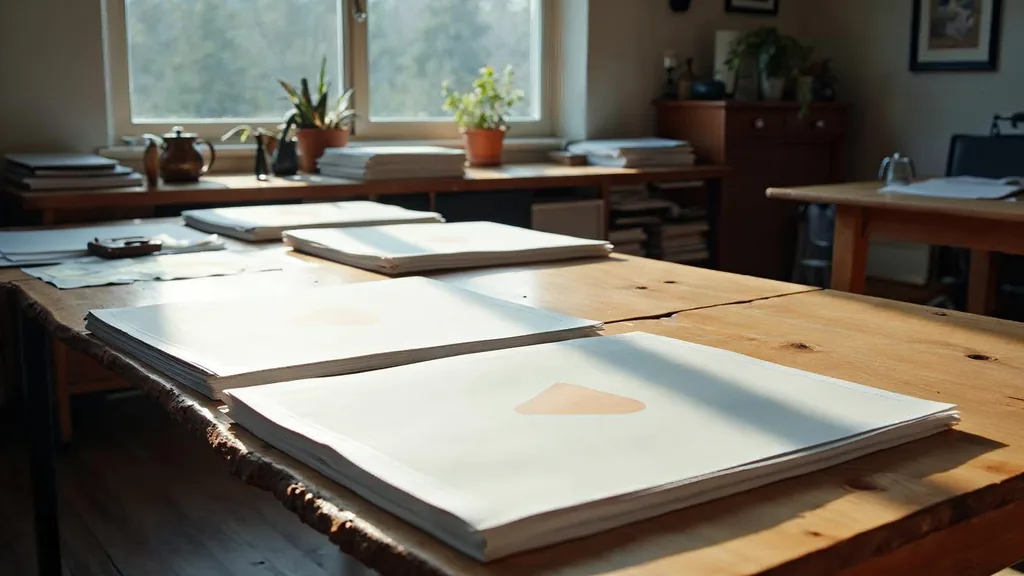 Editorial photograph of printed identity boards and packaging proofs on a cedar table in a Pacific Northwest Canadian design studio