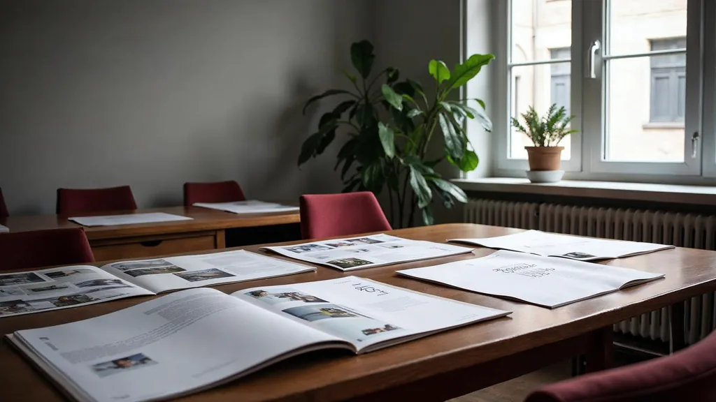 Editorial photograph of printed annual report spreads and identity boards on a mahogany table in a Washington DC design studio