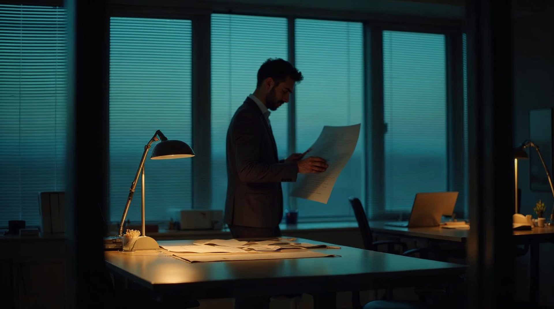 Software marketer alone at a standing desk at dusk, marking up a printed pipeline report with an orange pen
