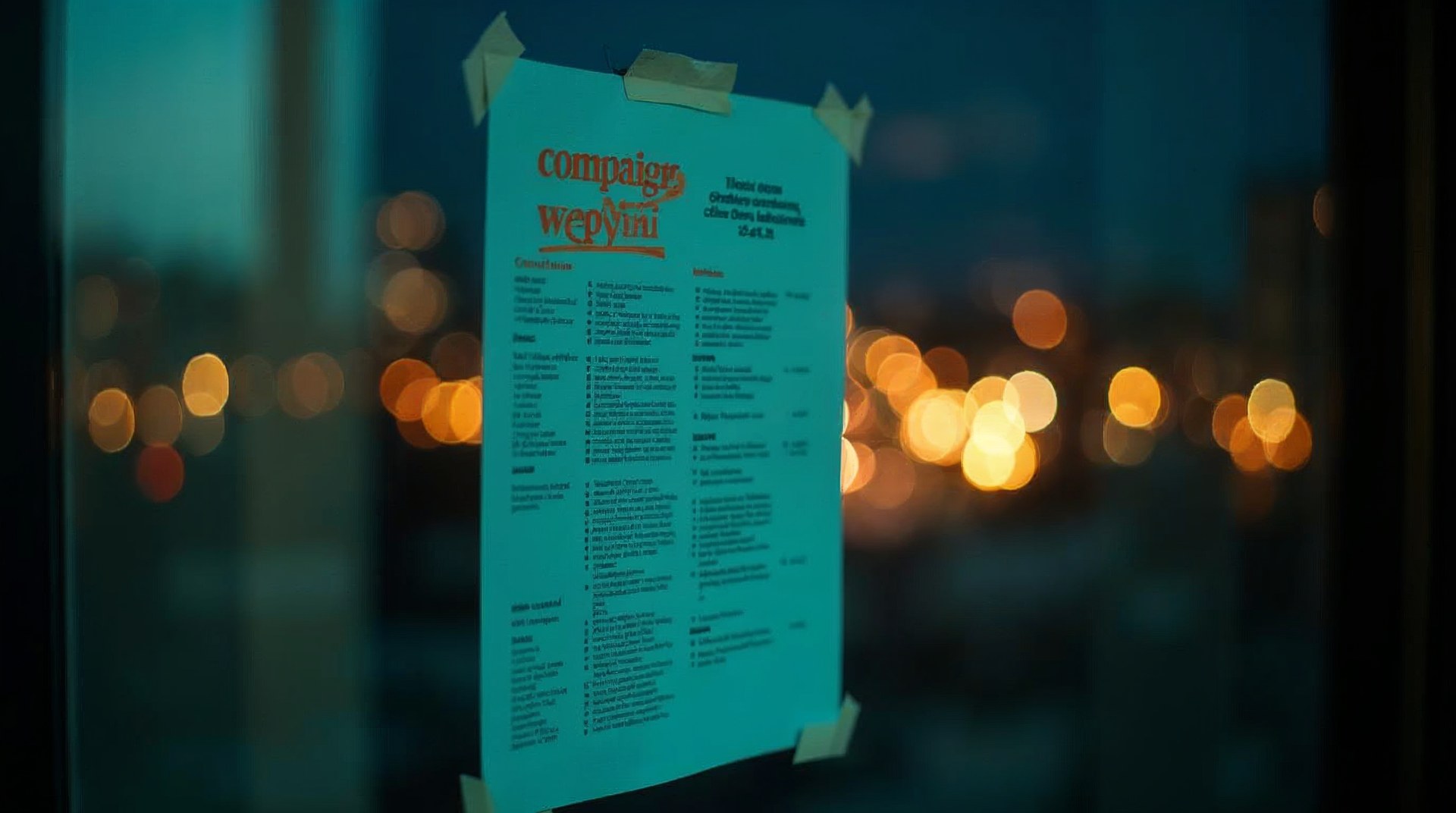 Printed campaign report taped to an office window, city light behind it